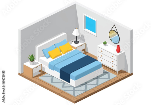 Isometric 3D view of a modern bedroom with double bed, armchair, dresser, bookshelf, nightstand, and decor, designed for comfort, lifestyle, home interior, and relaxation concepts
