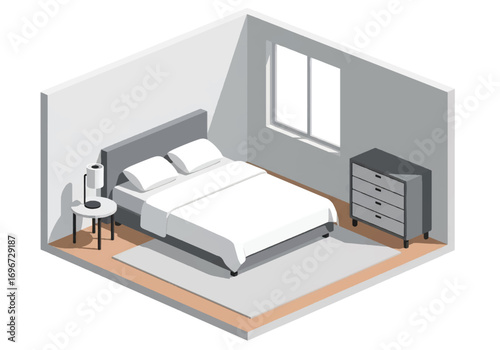 Isometric 3D view of a modern bedroom with double bed, armchair, dresser, bookshelf, nightstand, and decor, designed for comfort, lifestyle, home interior, and relaxation concepts