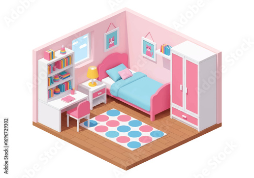 Isometric 3D view of a colorful kid girl bedroom with bed, desk, chair, bookshelf, wardrobe, and playful decor, designed for childhood comfort, learning, and family lifestyle concepts