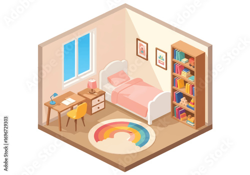 Isometric 3D view of a colorful kid girl bedroom with bed, desk, chair, bookshelf, wardrobe, and playful decor, designed for childhood comfort, learning, and family lifestyle concepts