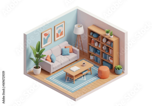 Isometric 3D view of a cozy living room with sofa, armchair, coffee table, bookshelf, plants, and window, designed for relaxation, home lifestyle, and interior decor concepts