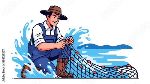 Fisherman Mending His Net: A resilient fisherman meticulously repairs his fishing net, a testament to his dedication and craftsmanship. Water splashes add to the dynamic composition.