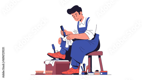 Crafting with Precision: A meticulous craftsman polishes a shoe, showcasing dedication and skill in this dynamic vector illustration.