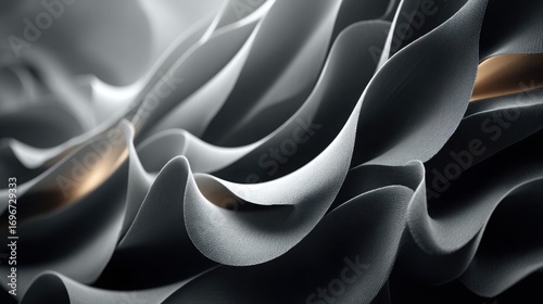 An abstract 3D rendering featuring dynamic, undulating organic forms with a sleek, metallic texture, warm copper accents, and striking interplay of light and shadow, ideal for luxury and innovation