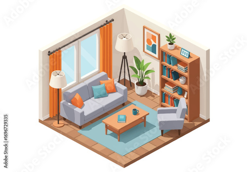 Isometric 3D view of a cozy living room with sofa, armchair, coffee table, bookshelf, plants, and window, designed for relaxation, home lifestyle, and interior decor concepts