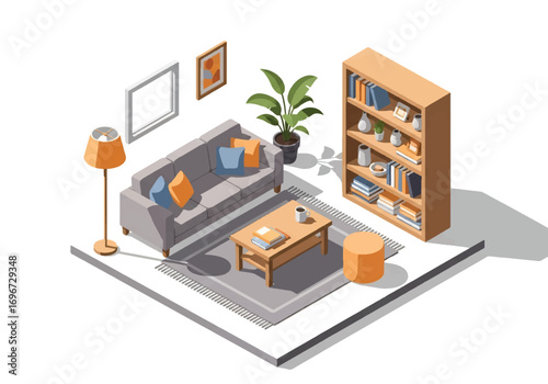Isometric 3D view of a cozy living room with sofa, armchair, coffee table, bookshelf, plants, and window, designed for relaxation, home lifestyle, and interior decor concepts