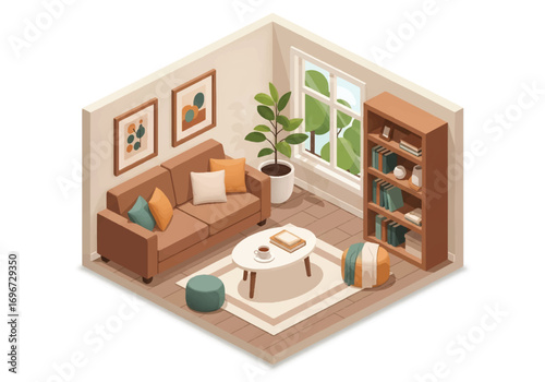 Isometric 3D view of a cozy living room with sofa, armchair, coffee table, bookshelf, plants, and window, designed for relaxation, home lifestyle, and interior decor concepts
