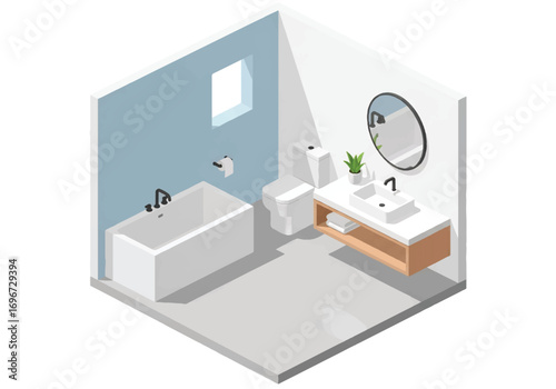 Isometric 3D view of a modern bathroom with bathtub, glass shower, sink, toilet, and mirror, designed for home interior, hygiene, wellness, and contemporary lifestyle concepts
