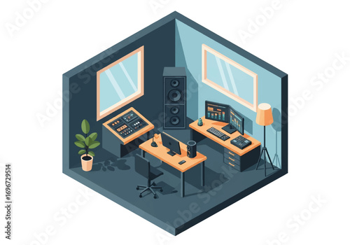 Isometric 3D view of a home studio with computer workstation, speakers, mixing equipment, and potted plant, designed for video editing, audio production, and creative media projects