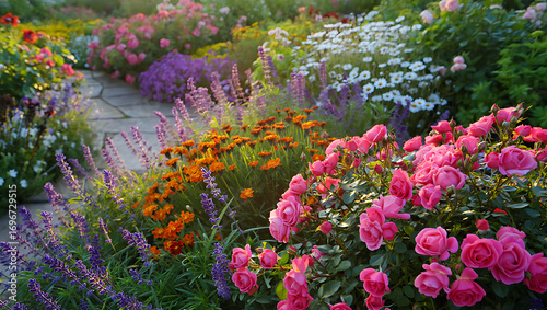 Garden Path Lined with Pink Roses, Lavender, and Marigolds