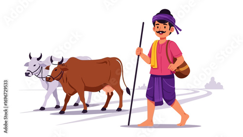 Indian Farmer with Cattle: A vibrant illustration captures an Indian farmer leading two cattle, showcasing rural life, cultural heritage, and the strong connection between humans and livestock.