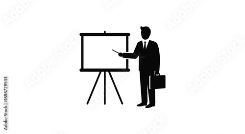 a man presenting at whiteboard with pointer silhouette