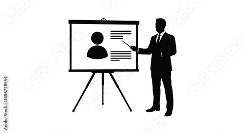 a presenter stands by flip chart pointing at content silhouette
