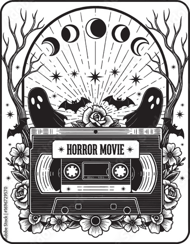 VHS Horror Movie Cassette with Ghosts and Flowers in Retro Goth Aesthetic