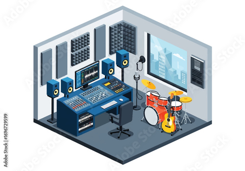 Isometric 3D view of a modern music studio with mixing console, computer, speakers, drum, guitar, keyboard, and soundproofing panels, ideal for music production, recording, and creative projects