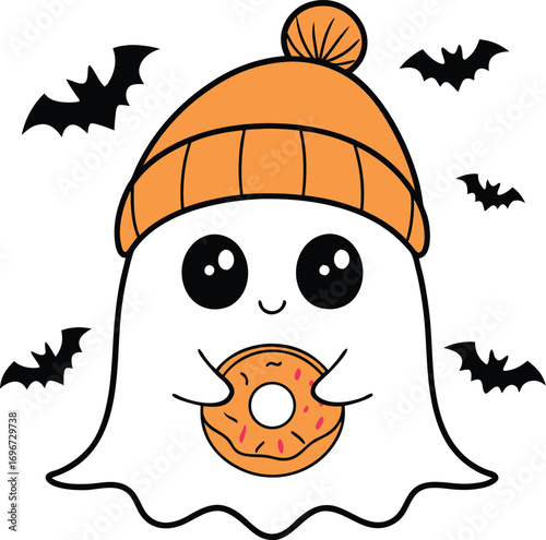 Cute ghost with donut and bats halloween orange hat