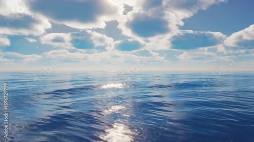 Endless tranquil blue sea, seamlessly horizon, surreal glass like skyline mirage, clouds stretching dissolving brush strokes, glowing dreamlike mood wide shot, 4K realistic animation, seamless loop
