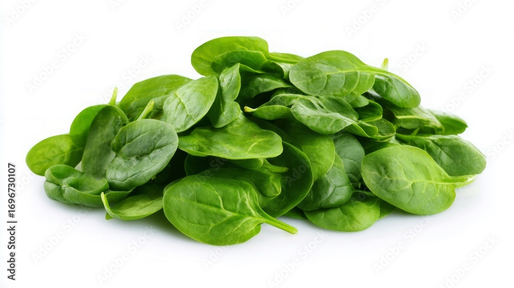Obraz premium Fresh spinach leaves on white background. Artificial intelligence image
