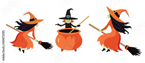 Three cartoon witches are depicted, two riding broomsticks with orange hats and dresses, and one stirring a large orange cauldron in the center. 