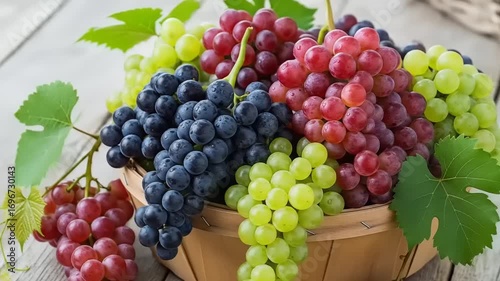 Wallpaper Mural Freshly harvested grapes in a wooden basket, showcasing a variety of colors and textures Torontodigital.ca