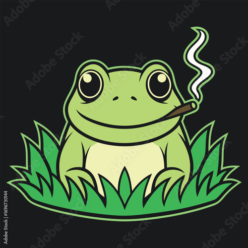 Green frog smoking in grass cigarette