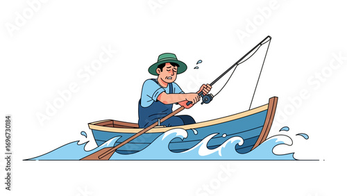  Angler on a Boat: A determined angler sits in a small rowboat, fishing rod in hand, as he navigates the wavy waters, capturing the spirit of the open water.