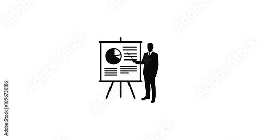 a presenter stands by easel with chart silhouette