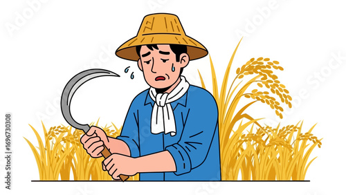 Tired Farmer: A detailed illustration captures the scene of an exhausted farmer standing amid the bountiful rice crops