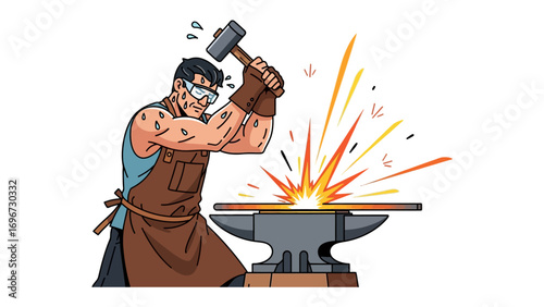 Craftsmanship Unveiled: A Strong artisan wielding a hammer, forging a piece of metal with precision against an anvil, illustrating the creation of a masterpiece through skill and effort.