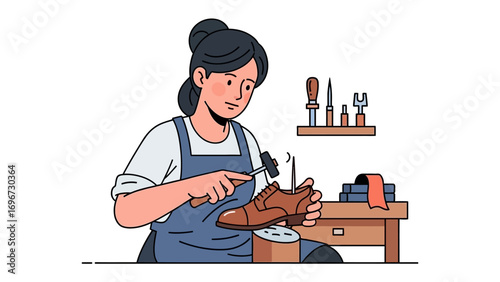 Artisan at Work: An artisan, intently focused, meticulously crafts a shoe, showcasing the timeless artistry of the craft with tools arrayed in the background. 