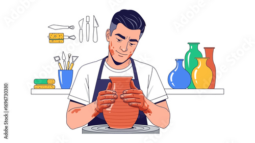 Crafting Art: A talented artisan molds clay, sculpting a new vase in a lively and modern artistic portrayal of a pottery artist, skillfully shaping the future vessel.