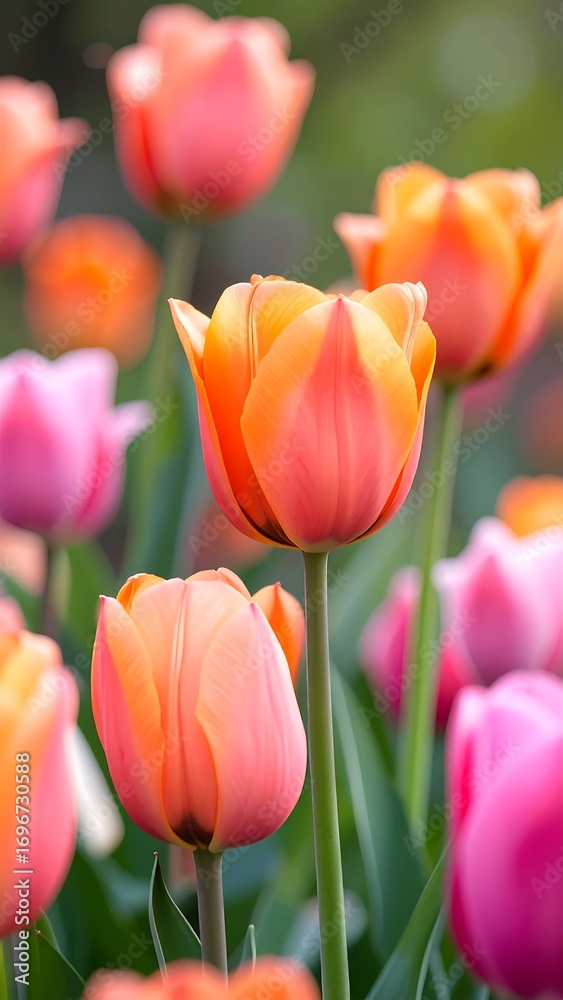 Fototapeta premium Vibrant, peachy-orange and rosy-pink tulips in a spring garden setting, showcasing delicate petals and gentle light.