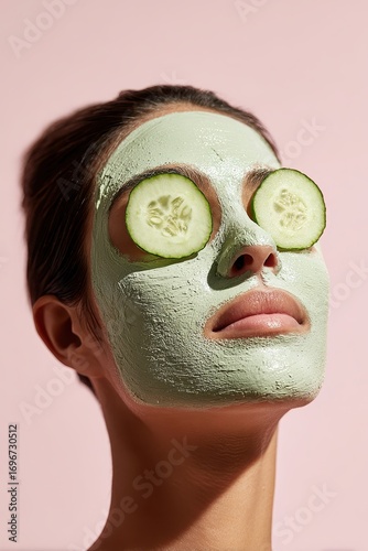 Woman with a refreshing cucumber face mask and slices on her eyes, enjoying a relaxing spa treatment.