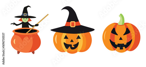 A whimsical Halloween-themed illustration featuring three elements. On the left, a cartoon witch with green skin stirs a large orange cauldron with a stick.