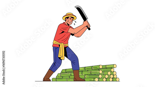 Cane Cutter at Work: A dedicated farmer with a machete, cuts sugarcane, epitomizing hard work, the sun's heat, and the vital labor in the agricultural sector.