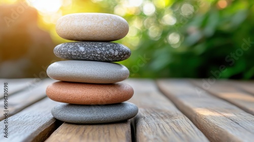 Tranquil Stone Stack on Wooden Surface Against Blurred Green Background