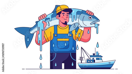 Big Catch: A triumphant fisherman proudly displays his enormous, freshly caught fish, with a fishing boat in sight, symbolizing abundance and the thrill of a successful day at sea.