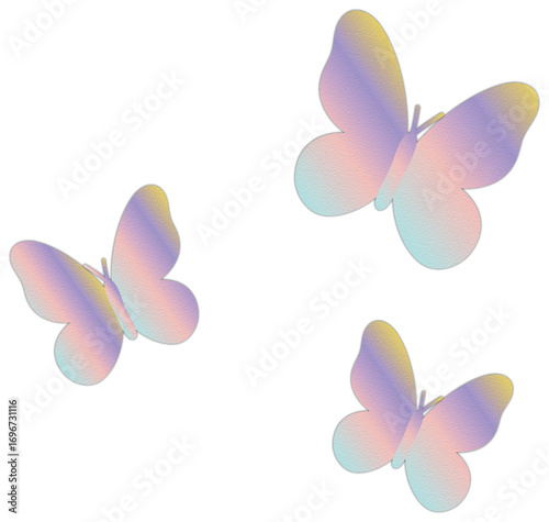 Trio of butterflies with soft pastel gradient wings in pink, purple, yellow, and blue . Perfect for dreamy, fantasy, and Y2K-inspired digital designs.