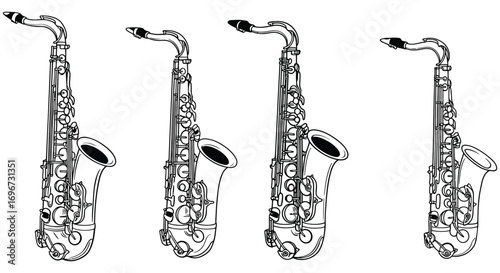 four saxophones arranged side by side in silhouette