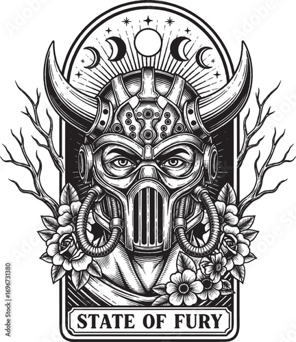 Post-apocalyptic Viking Warrior with Gas Mask and Horned Helmet Surreal Tattoo Style