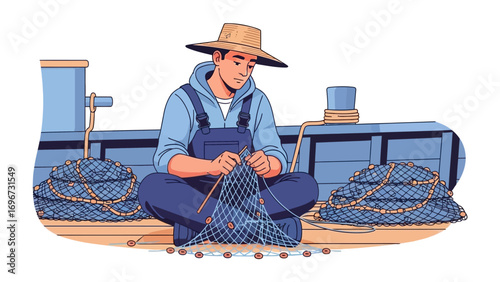 Crafting the Catch: A skilled fisherman meticulously mends his fishing net, demonstrating craftsmanship and dedication on the deck of his weathered vessel. The image depicts a timeless scene of labor.