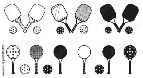 various tennis rackets and balls depicted in silhouette