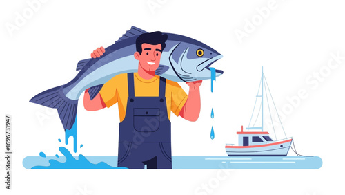 Catch of the Day: A triumphant fisherman proudly displays his impressive catch, a sizable fish. Set against a backdrop of the ocean.