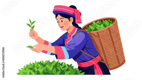 Tea Harvester at Work: A dedicated tea harvester in traditional attire carefully collects fresh tea leaves from a lush green tea field, exemplifying the art of cultivation.