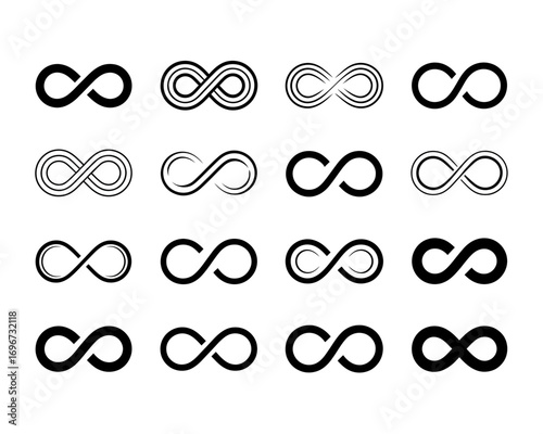 Collection of 16 black infinity symbol vector illustrations for endless concepts and scalable design