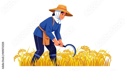 The Harvest: A serene portrayal of a farm worker amidst a golden field, employing a scythe to reap the rewards of the harvest, celebrating the essence of rural life.