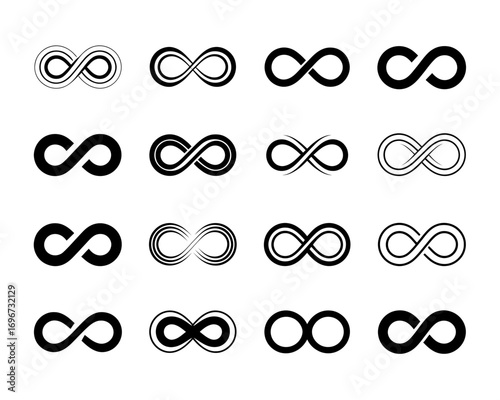 Collection of diverse black infinity symbol illustrations scalable vector graphics for design projects