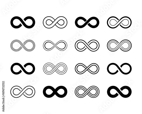 Collection of 16 black infinity symbols vector illustration scalable icon for design projects