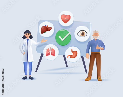 Aging and senior health isolated 3D render vector illustrations. Elderly man consults with a doctor, taking care