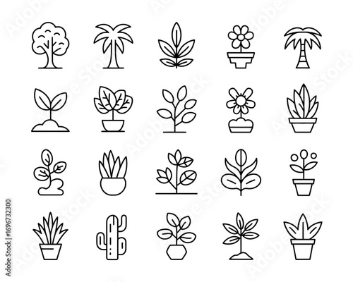 Nature inspired line icon set featuring trees plants flowers potted plants vector illustration scalable